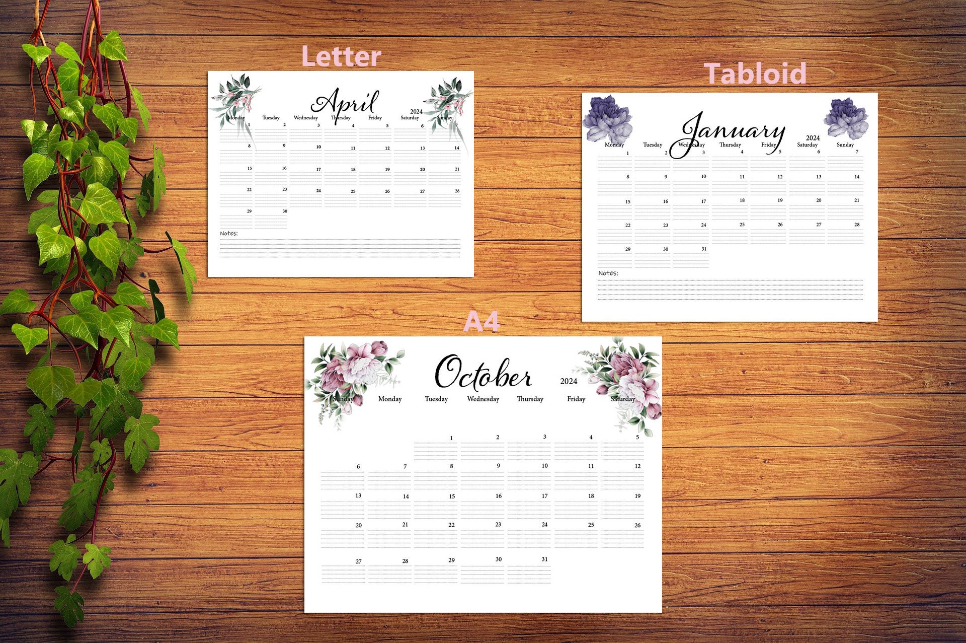 2024 Calendar Printable Landscape Horizontal US Letter, A4, Tabloid
