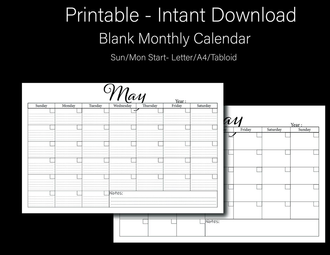 Blank Monthly Calendar: Sunday/monday Start (digital Download) - Etsy