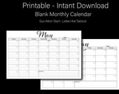 Blank Monthly Calendar: Sunday/Monday Start (Digital Download)
