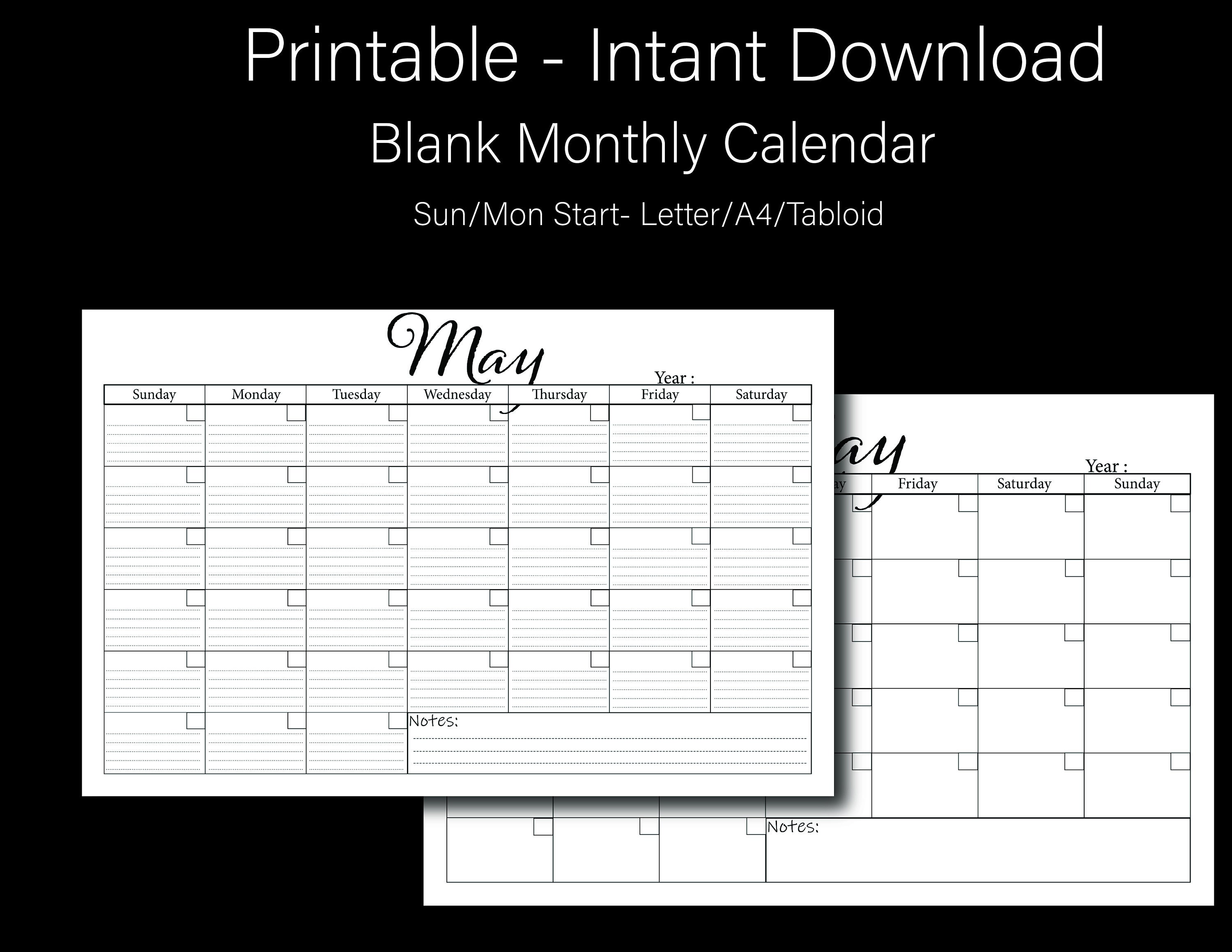 Blank Printable Monthly Calendar Wall Calendar Desk | Etsy