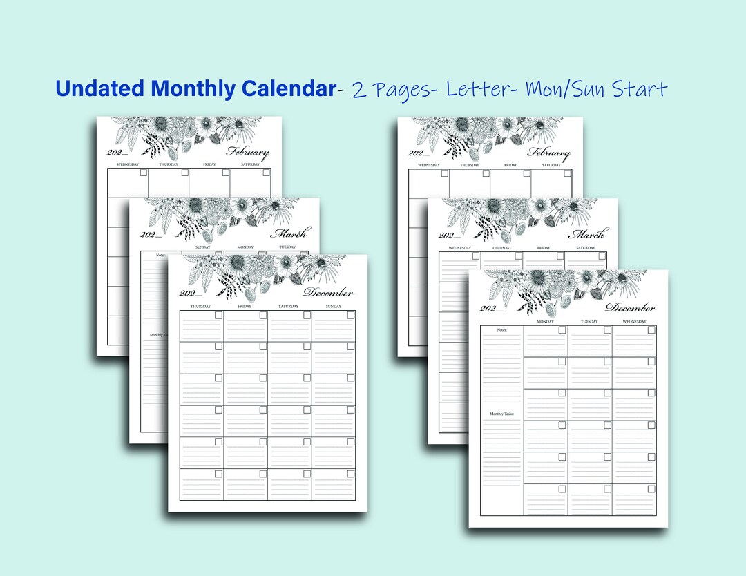 Undated Monthly Calendar Printable Planner Inserts, Lined and Unlined ...