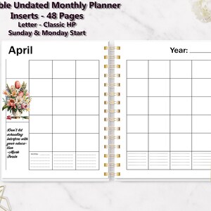 Undated Monthly Planner on two pages - Sunday and Monday Start - A5, Classic HP, Letter - 48 Pages
