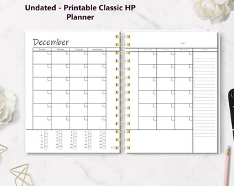 Undated Printable Monthly Calendar on Two Pages, Classic HP, Sunday and Monday Start