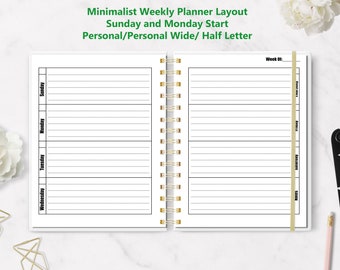 Weekly Planner Inserts: Minimalist Week on 2 Pages (Personal/Wide/Half-Letter)