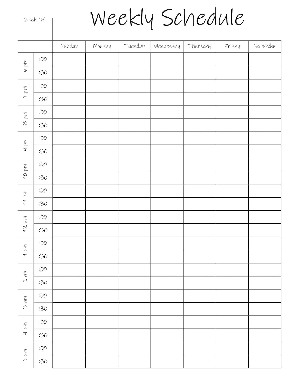 Printable Half Hour Weekly Schedule on Two Pages Half Hour Daily