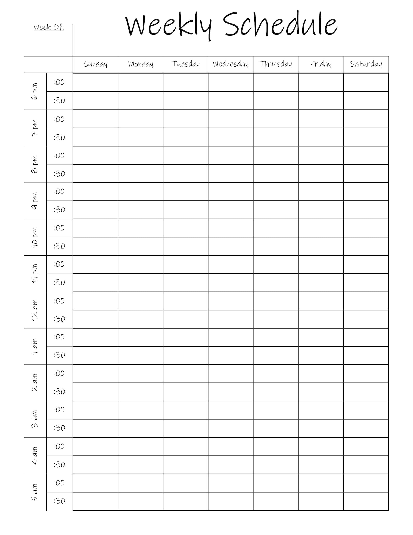 Printable Half Hour Weekly Schedule on Two Pages , Half Hour Daily ...