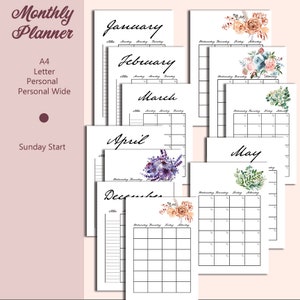Planificador mensual sin fecha en dos páginas, calendario de diseño mensual, ancho personal, A4, inserto imprimible en PDF tamaño carta, inicio del domingo