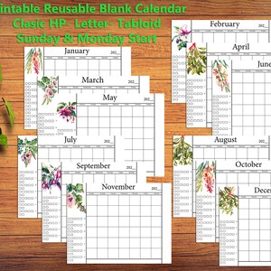 Undated Printable Calendar - Letter, Classic HP, Tabloid - Sunday and Monday Start