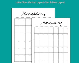 Monthly Blank Calendar, Simple Calendar, 11 x 8.5 inches, Vertical Printable Calendar Pages, PDF Printable, Instant Download, Sun/Mon Start