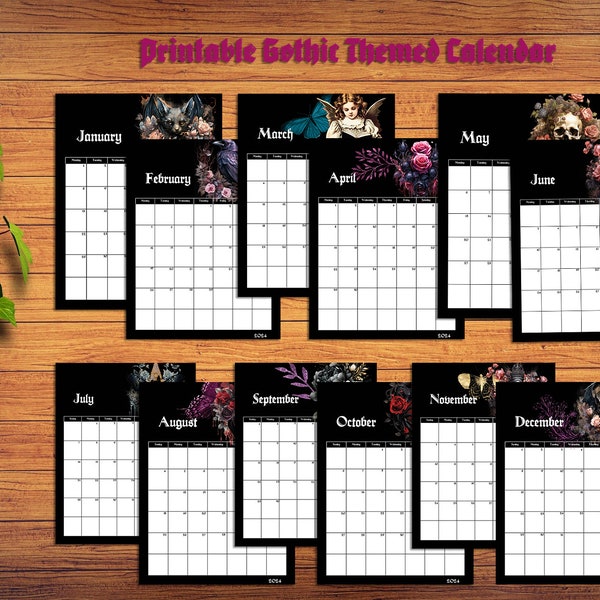 2024 Gothic Themed Printable Monthly Desk Calendar- Tabloid, A4, Letter- Portrait Orientation- Sunday and Monday Start