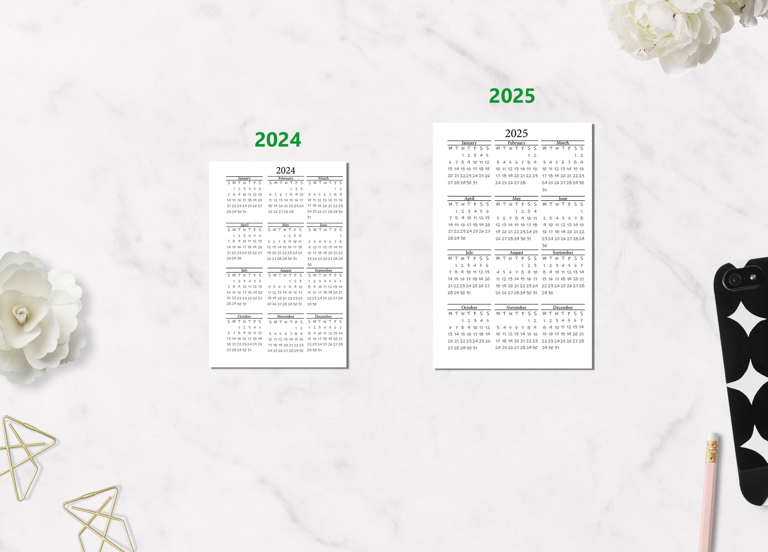 2024 2025 Printable Year at A Glance Calendar Half Letter CP Etsy