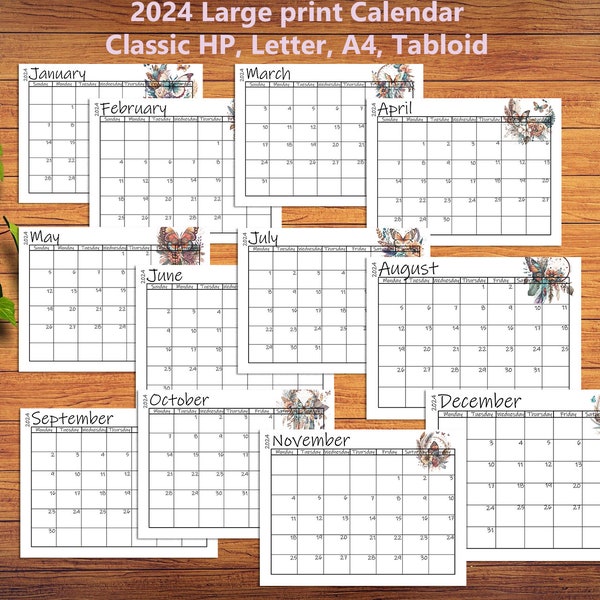 2024 Large Print Landscape Calendar - 2024 Printable Large Calendar - Sunday and Monday Start - Classic HP, Letter, A4, Tabloid