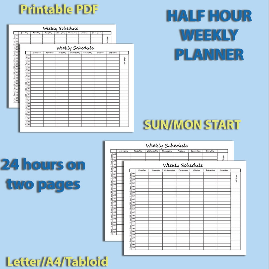 half-hour-printable-weekly-schedule-weekly-planner-schedule-template-hourly-schedule-time-planner-sunday-monday-start-on-2-pages-etsy