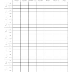 Printable Half Hour Weekly Schedule on Two Pages , Half Hour Daily ...