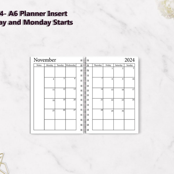 2024 Printable A6 Calendar - Month on Two Pages- Sunday and Monday Start