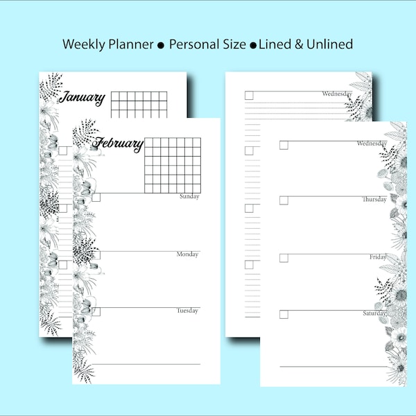 Printable Undated Weekly Overview Personal & Personal Wide Planner Inserts, Week on two Page, Monthly Planner, Floral Art Design