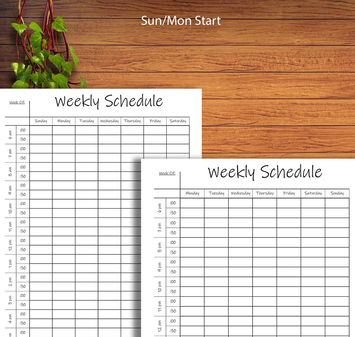 Printable Half Hour Weekly Schedule on Two Pages , Half Hour Daily ...