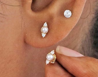 Solid 14k Yellow Gold Minimalist Stud/ Genuine Pearl Gemstone Earring/ Natural 2 Diamonds Studs/ Tiny and Mini 3 Stones Fine Jewelry