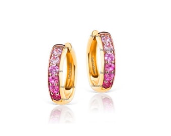 Solid 14k Yellow Gold Natural Pink Sapphire Hoops Earring/Dainty Lever Back Huggie Hoop Jewelry/Wedding Party Wear Earring For Women .