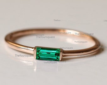 Solid 14K Yellow Dainty Ring, Baguette Emerald Ring, Cluster Gemstone Band Wedding Ring, Stack Ring, 14K Gold Ring Jewelry