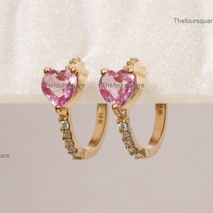 Heart Pink Sapphire Hoop Earrings, 14k Gold Diamond Huggie Hoops, Pink Bridal Earrings, Proposal Jewelry, Anniversary Gift For Women