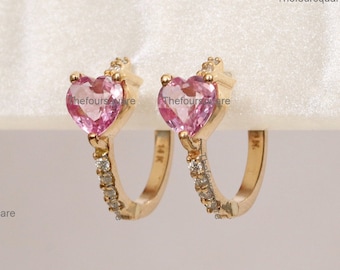 Heart Pink Sapphire Hoop Earrings, 14k Gold Diamond Huggie Hoops, Pink Bridal Earrings, Proposal Jewelry, Anniversary Gift For Women