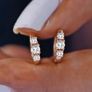Diamond Hoops Earrings, 3 Diamond Huggies, 14k Gold Diamond Hoops, Natural Diamond Earrings, Wedding Earrings, Anniversary Gift For Her