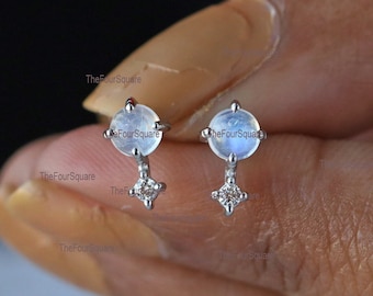 Delicate Moonstone Gemstone Prong Set Studs/Natural Diamonds Earrings/Solid 14k Yellow Gold  Handmade Jewelry/Gift For Women Her Mother Day.