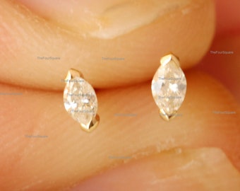 Solitaire Marquise Natural Diamond Stud/ Solid 14k Yellow Gold Mini Stud/ Diamond Bezel Set Earring/ Minimalist Fine Birthday Jewelry