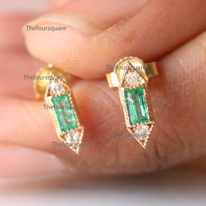 Genuine Baguette Emerald Stud, Natural 2 Diamond Milgrain Earring, Solid 14k Yellow Gold 3 Stones Stud Earring, Best Gift For Girls & Women