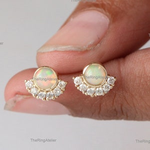 Opal Gemstone Stud, Natural Diamond Earring, Solid 14k Yellow Gold Studs, Crescent Earring, Ethiopian Opal Gemstone Fine Jewelry