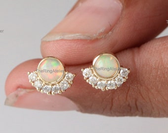 Opal Gemstone Stud, Natural Diamond Earring, Solid 14k Yellow Gold Studs, Crescent Earring, Ethiopian Opal Gemstone Fine Jewelry