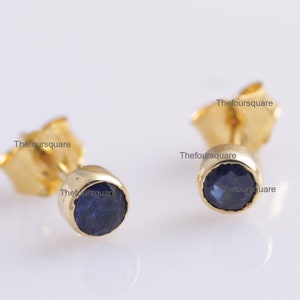 Solitaire Blue Sapphire Stud Earring, Tiny Bezel Set Gemstone Earring, 14k Yellow Gold Birthstone Earring, Birthday Gift Fine Jewelry