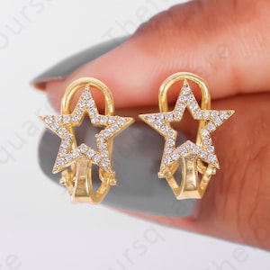Diamond Star Hoop Earrings, Omega Lock Earrings, Celestial Star Jewelry, Starburst Earrings, Galaxy Star Earrings, Gift For, Fine jewelry
