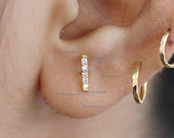 Diamond Bar Line Studs, 14k Yellow Gold Tiny Earring, Diamond Pave Dainty Earrings, Gift for Her, Cartilage Studs, Minimalist Earrings