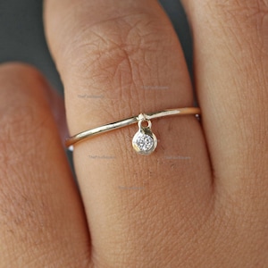Solid 14k Yellow Gold Dangle Drop Genuine SI Clarity G-H color Diamond Wedding Delicate Band Ring Handmade Minimalist Ring Jewelry Gift