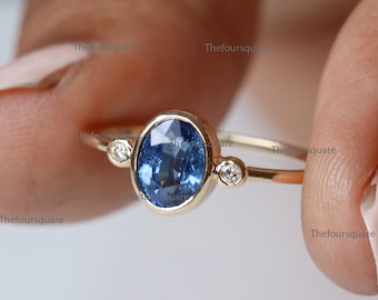 14k Yellow Gold Diamond Blue Sapphire Ring, 3 Stone Ring, Bezel Set Diamond Studded Fine Jewelry