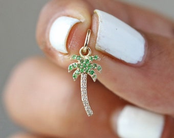 14k Yellow Gold Diamond pendant Charm Pendant, SI Diamond & Tsavorite Delicate Pendant, Christmas Palm Tree Charm Pendant Fine Jewelry