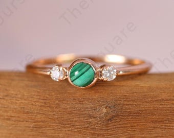 Malachite & Diamond Three Stone Ring, 14k Solid Dainty Trio Ring, Minimalist Ring, Stackable Ring, Birthstone Jewelry for Women Gift