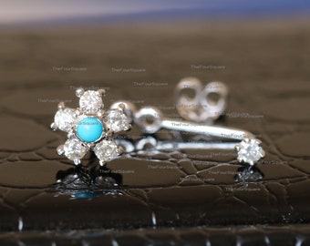 2mm Diamond Floral Ear Jacket Earrings, Turquoise gemstone Tiny Studs with Diamond Ear Jacket, Birthstone Gift Jewelry for women, Girls