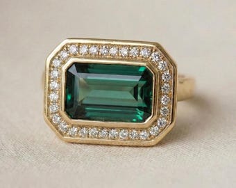 Emerald Cut Green Tourmaline Wedding Ring, 14k Gold Diamond Halo Ring, East West Ring, Unique Engagement Ring, Bridal Ring, Proposal Ring