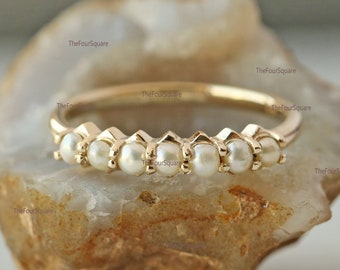 2.5mm Natural Pearl Eternity Ring In 14k Yellow Gold/Anniversary, Valentines Day Gift For Women Her/Daily Party Wear Jewelry/Christmas Sale