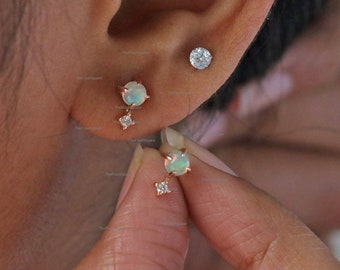 Ethiopian Opal & SI Clairty Diamond Studs in 14k Solid Yellow Gold, Prong Set Gemstone Tiny Earrings For Birthday Gift, Mother&#39;s Day Gift