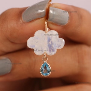 Solid 14k Yellow Gold Charm Pendant/ Rainbow Moonstone With Pear Blue Topaz Pendant/ Birthstone Cloud  Pendant/ Gift For Her Fine Jewelry