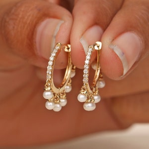 Drop Hoops By Thefoursquare, Pearl Drop Hoop Earrings, 14k Gold Diamond Hoop Earrings, Wedding Earrings, Shaker Earrings, Six Drop Earrings
