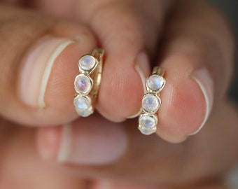 Uneven Cut Rainbow Real Moonstone Hoops/ Solid 14k Yellow Gold Bezel Set Huggie Earrings/ 8MM Inner Diameter Hoops/ Gift For Wife, Mom ,Her.