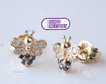 Black & White  Diamond Bee Studs in 14k Solid Yellow Gold, Bee Diamond Gemsotne Studs  Earrings For Birthday Gift, Anniversary Gift