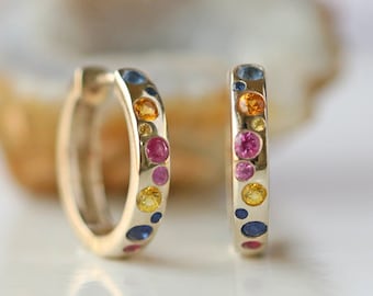 Multi Sapphire Huggie Hoops, Flush Set Dainty Hoop Earrings, 14k Gold Colourful Hoop Earrings, Rainbow Hoops, Tiny Hoops By Thefoursquare
