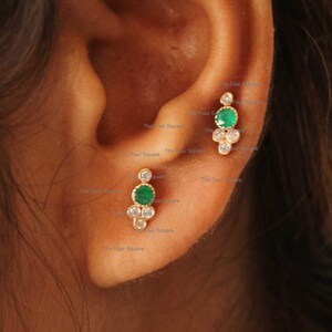 Natural Emerald Earrings in 14k Yellow Gold, Emerald Diamond Stud Earrings, Diamond Milgrain Cluster Earrings, gift for mother&#39;s day