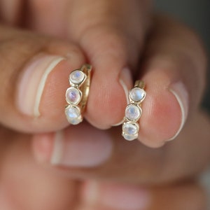 Uneven Cut Rainbow Real Moonstone Hoops/ Solid 14k Yellow Gold Bezel Set Huggie Earrings/ 8MM Inner Diameter Hoops/ Gift For Wife, Mom ,Her.